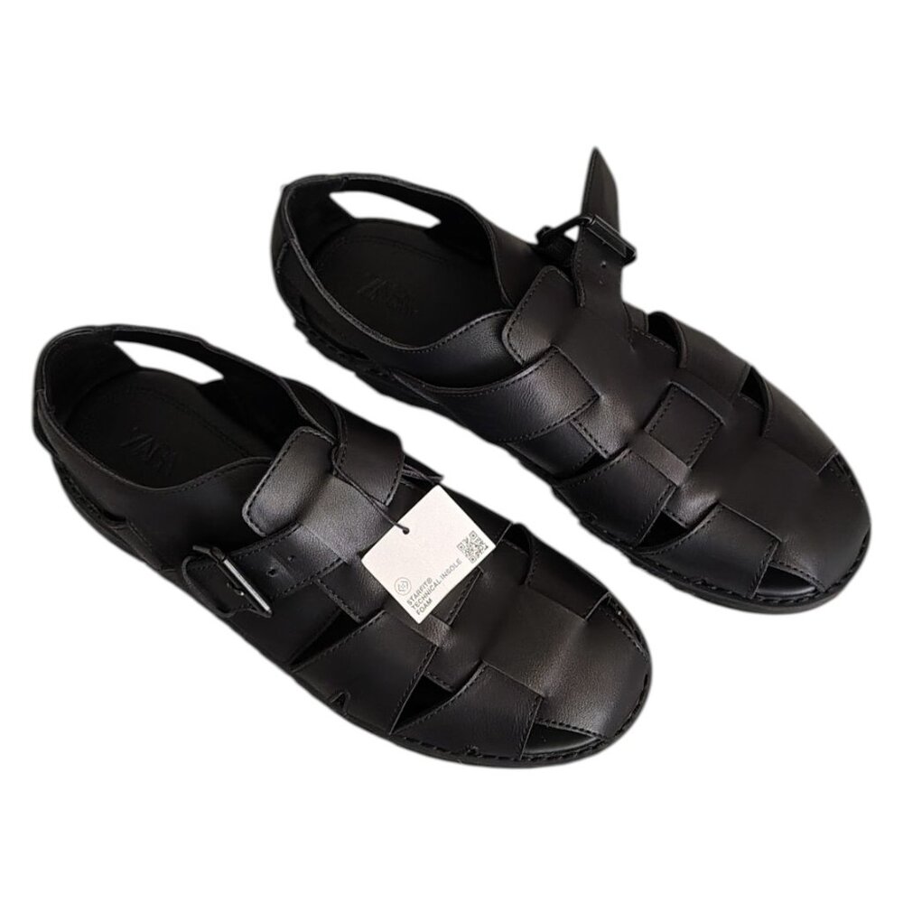 Men Zara Cage Buckle Up Sandals/Shoes Leather Black size (43 EUR) (10 USA)
